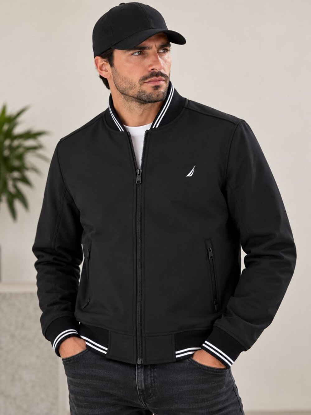 Nautica Men’s Black Full Zip Bomber Jacket Water & Wind Resistant Size M